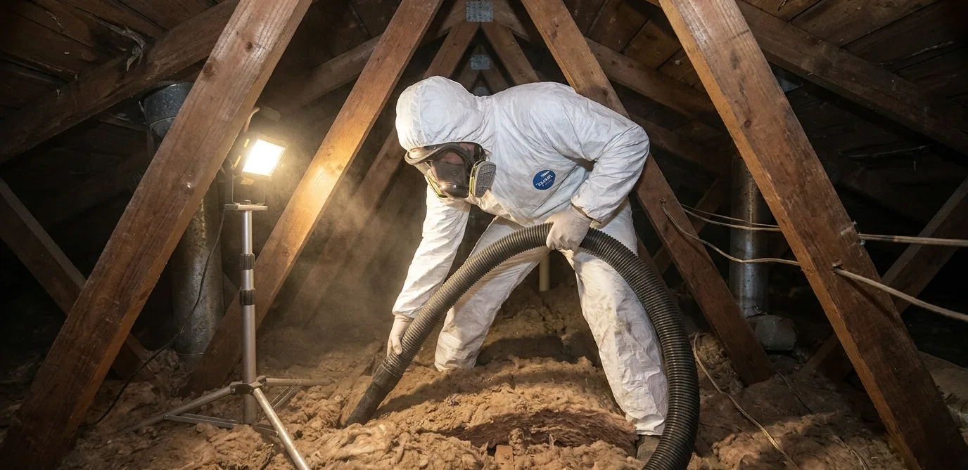 Technician HEPA-vacuuming soiled insulation during a Tucson attic cleanup