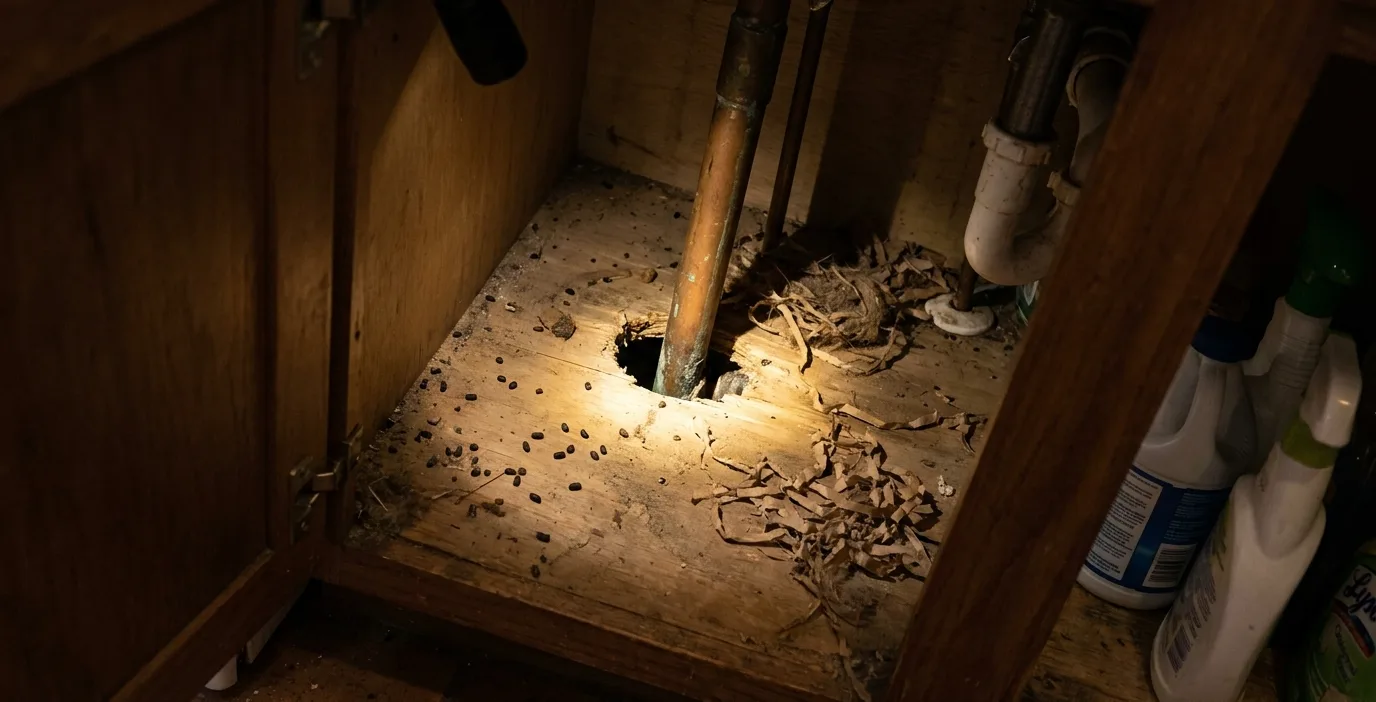Mouse droppings and nesting material at an under-sink pipe gap in a Tucson home