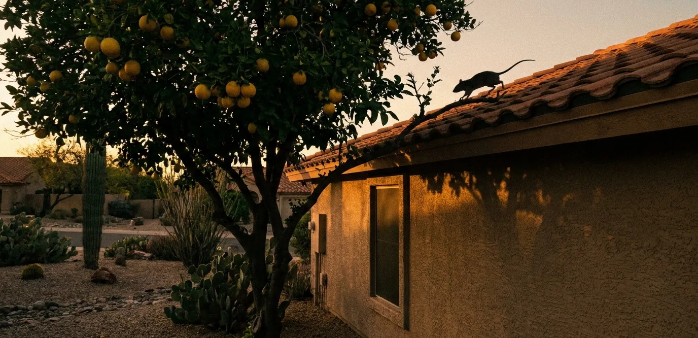Roof rat crossing a citrus branch onto a Tucson tile roofline at dusk