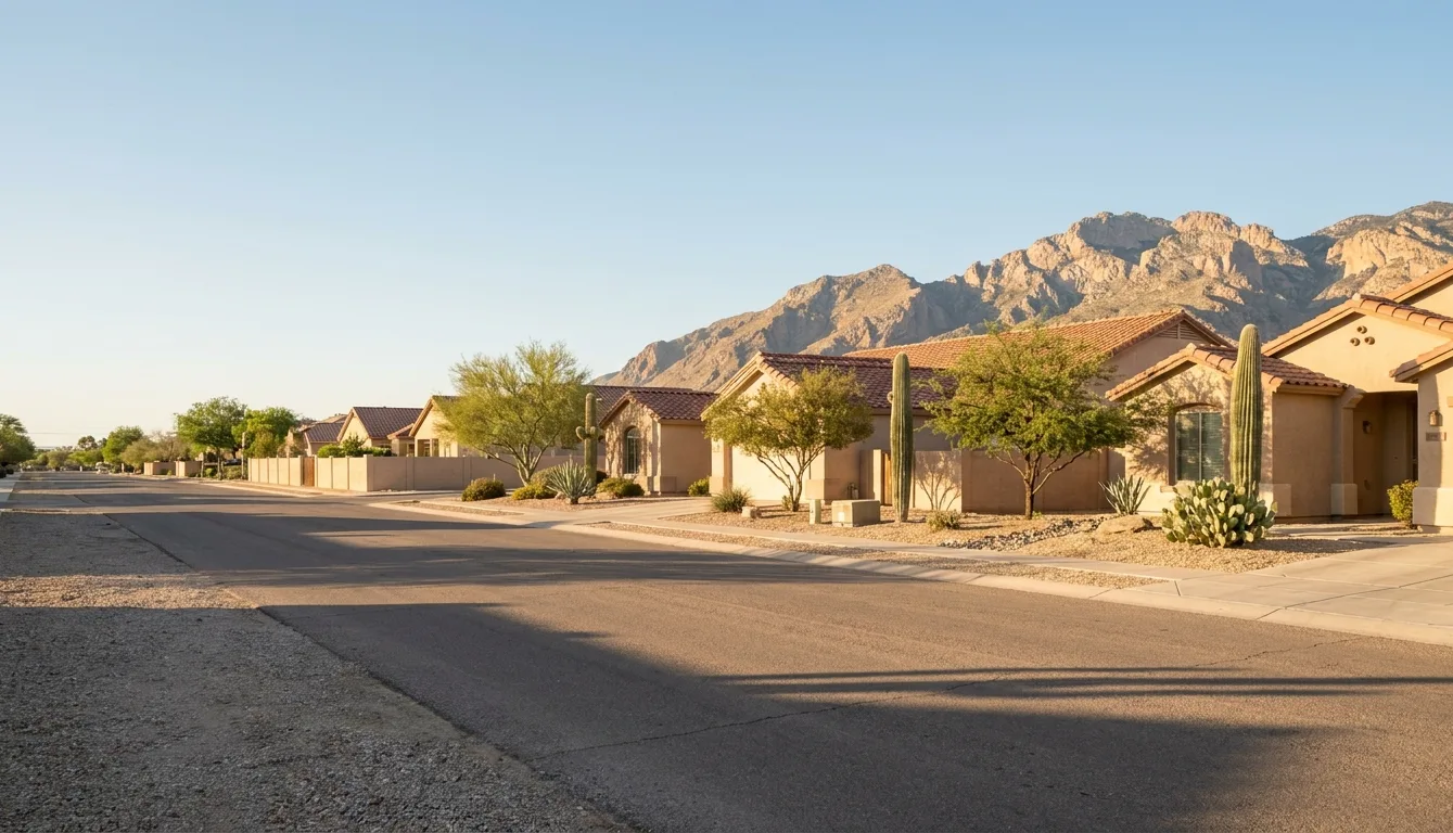 Quiet Tucson residential street of stucco homes with barrel tile roofs, saguaro cactus and the Santa Catalina Mountains beyond