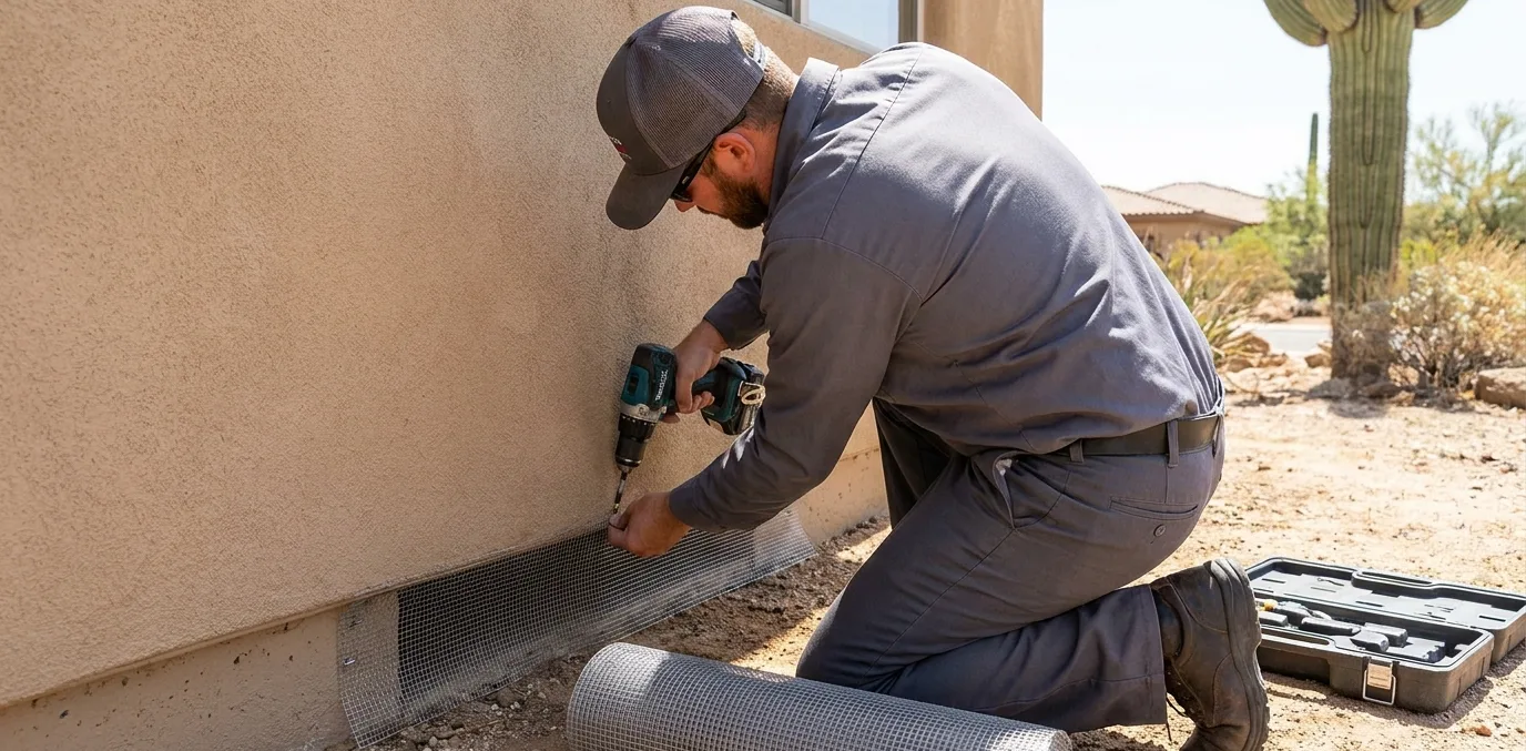 Tucson rodent control technician fitting stainless mesh over a foundation gap