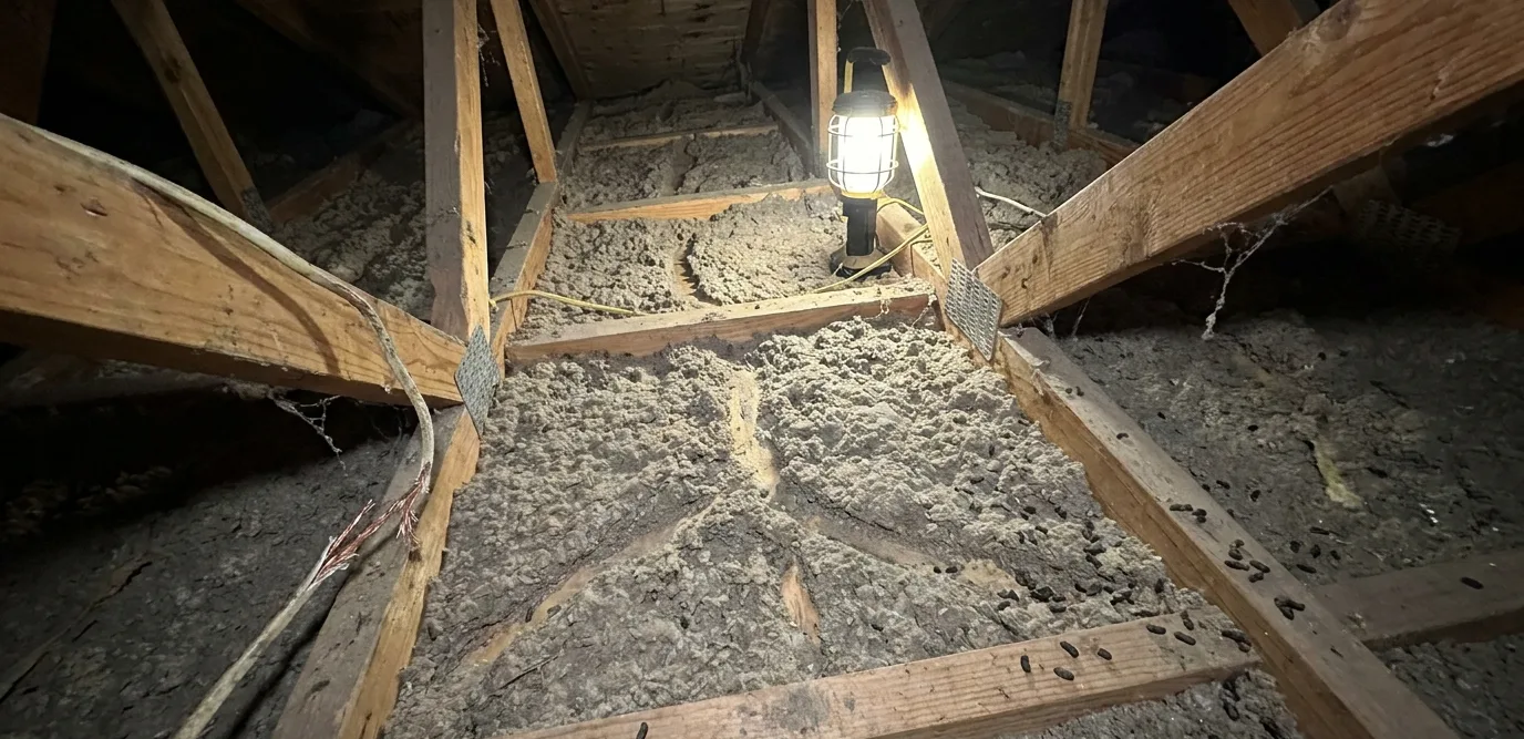 Tucson attic before rodent control — soiled insulation, droppings and chewed wiring