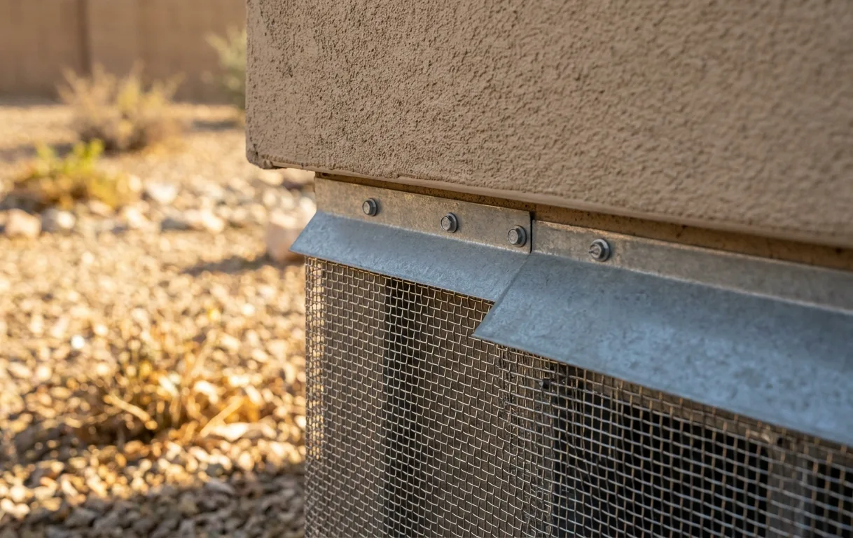 Quarter-inch stainless hardware cloth and galvanized flashing at a stucco weep screed in Tucson