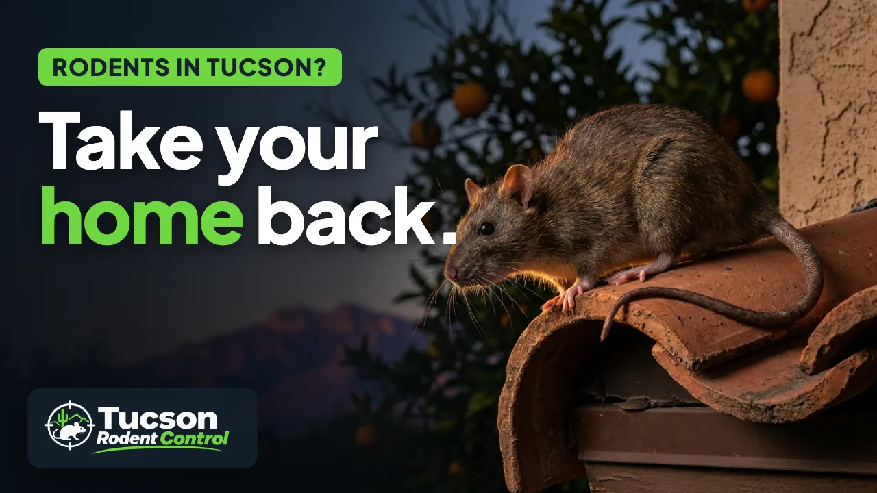 Roof rat on a Tucson tile roof at dusk, Take your home back