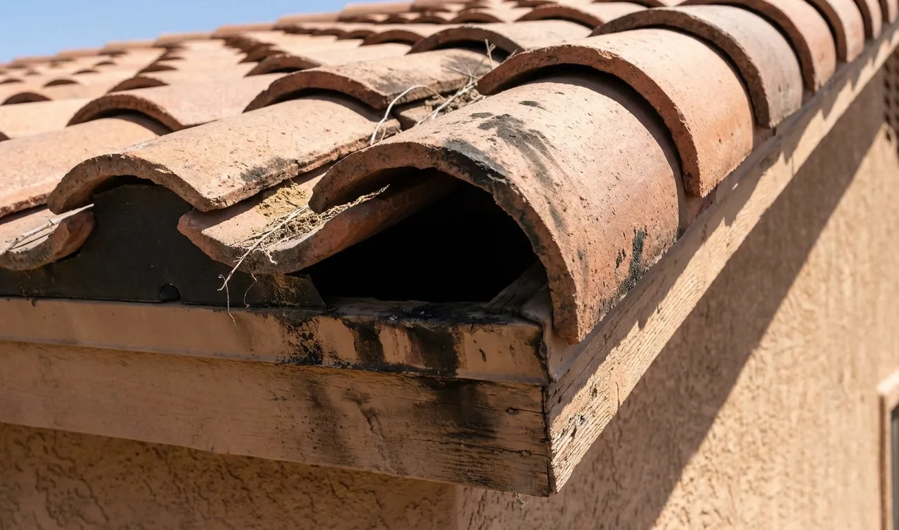 Lifted barrel tile course on a Tucson roof exposing a roof rat entry gap